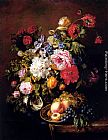 Famous Ledge Paintings - Roses, Peonies, Poppies, Tulips And Syringa In A Terracotta Pot With Peaches And Grapes On A Copper Ewer On A Draped Marble Ledge
